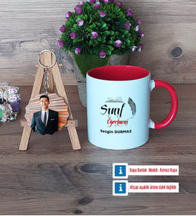 Sınıf Öğretmeni Kupa Bardak Beyaz ve Fotoğraflı Ahşap Anahtarlık Hediye (Model 2)