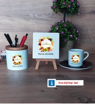 Diyetisyen Hediye Seti Dekoratif Taş, Kalemlik, Ahşap Altlıklı Türk Kahvesi Fincanı Hediye (Model 7)
