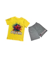 unisex Spiderman baskılı pamuklu kumaş kısa kollu şortlu ikili çocuk takımı (Sarı)