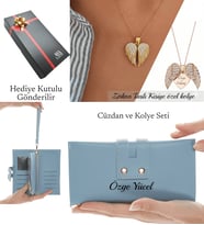 Kişiye Özel Kadın Deri Cüzdan ve Kolye Anneye Eşe Sevgiliye Arkadaşa Kendine Hediye (Mavi)
