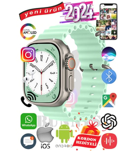Samsung Galaxy S20 Ultra Uyumlu Akıllı Saat ULTRA MAX 2024 Kordon Hediyeli Amoled Ekran (Su Yeşili)