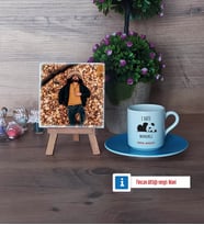 Sevimli Panda Fotoğraflı Dekoratif Taş, Ahşap Altlıklı Türk Kahvesi Fincanı Hediye (Model 5)