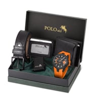 Polo Air Erkek Set Kombin Kemer Cüzdan Kartlık Çakmak Kol Saati Hediyelik Kutusunda Set PL-0974E (Turuncu-Sıyah)