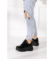 Günlük Kadın Spor Ayakkabı Yüksek Taban Rahat Bağcıklı Sneaker  001 (Rugan Siyah)