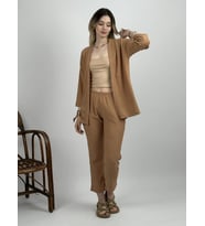Kadın Pantolonlu Alt Üst İkili Kimono Takım Rahat Kalıp (Krem)