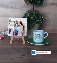 Anneye Hediye Fotoğraflı Dekoratif Taş, Ahşap Altlıklı Türk Kahvesi Fincanı Hediye (Model 9)