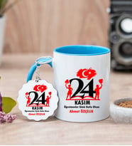 Öğretmenlere Özel Hediye Kupa Bardak ve Anahtarlık (Mavi)