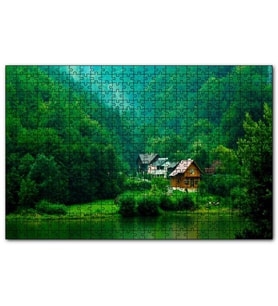 Cakapuzzle Dağ Orman Göl Ahşap Evler Görseli  Puzzle Yapboz MDF (Ahşap) (1000 Parça)