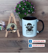 Erkek Kuaförü Kupa Bardak Beyaz ve Fotoğraflı Ahşap Anahtarlık Hediye (Model 11)