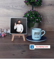 Jeoloji Mühendisi Fotoğraflı Dekoratif Taş, Ahşap Altlıklı Türk Kahvesi Fincanı Hediye (Model 4)