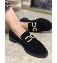 Günlük Kadın Loafer Klasik Alçak Topuk Zincirli Oval Burun Makosen Ayakkabı 100 (Siyah Süet)