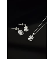 Papatya Silver 925 Ayar Gümüş Zirkon Baget Taşlı Çivili Küpe Ve Tepelikli Baget Kare Taş Kolye Set (Rodyum)