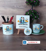 Temizlik Görevlisi Hediye Seti Dekoratif Taş, Kalemlik, Ahşap Altlıklı Türk Kahvesi Fincanı, Ahşap Anahtarlık Hediye (Model 9)