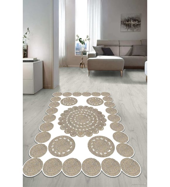 Dijital Baskılı Kaymaz Taban Yıkanabilir Lazer Kesim Salon Halısı Yolluk NLZR-SD-118 (Beyaz)