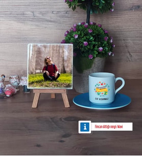 Öğretmenler Günü Hediyesi Fotoğraflı Dekoratif Taş, Ahşap Altlıklı Türk Kahvesi Fincanı Hediye (Model 5)