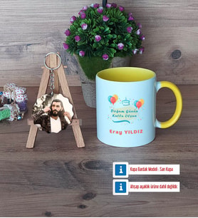 Doğum Günü Hediyesi Kupa Bardak Beyaz ve Fotoğraflı Ahşap Anahtarlık Hediye (Model 7)