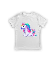 Unicorn baskılı pamuklu penye kumaş yazlık çocuk tişört (Beyaz)