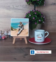Tarih Öğretmeni Fotoğraflı Dekoratif Taş, Ahşap Altlıklı Türk Kahvesi Fincanı Hediye (Model 3)