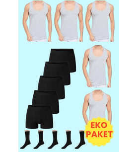 Tezzgelsin Ekonomik Paket Atlet Boxer Ve Çorap Takımı 5 Atlet 5 Boxer 5 Çift Çorap (Gri-Sıyah)