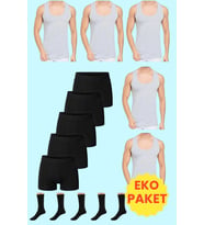 Tezzgelsin Ekonomik Paket Atlet Boxer Ve Çorap Takımı 5 Atlet 5 Boxer 5 Çift Çorap (Gri-Sıyah) (Gri - Siyah)