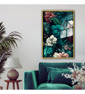 Metal Çerçeveli Cam Tablo Çiçekli Monstera Deve Tabanı (Gold)