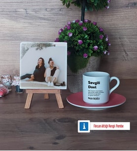 Arkadaşa Hediye Fotoğraflı Dekoratif Taş, Ahşap Altlıklı Türk Kahvesi Fincanı Hediye (Model 6)