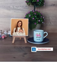Psikoloji Öğretmeni Fotoğraflı Dekoratif Taş, Ahşap Altlıklı Türk Kahvesi Fincanı Hediye (Model 4)