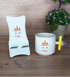 Unicorn Hediye Sepeti Kupa Bardak T Kulplu ve Ahşap Telefon Standı Arkadaşa Kız Kardeşe Hediye (Model 5)
