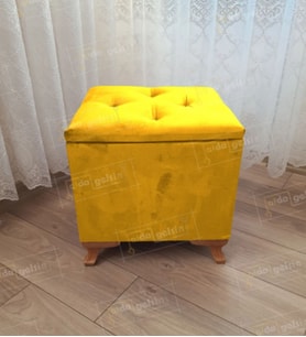 Lüks Sandıklı Tabure Puf 45 x 45 cm Ceviz Ayak (Sarı)