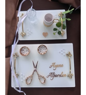 Adore Gold Beyaz İncili Söz Tepsisi Nişan Tepsisi ve Damat Kahve Fincan Tepsisi (Beyaz)