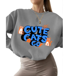 bisiklet yaka Sweatshirt kadın kalın Bej 3 iplik şardonlu erkek unisex Şirin kedi Baskılı Sweatshirt (Gri)