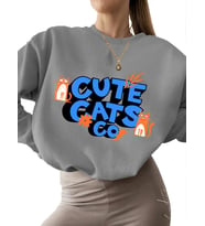 bisiklet yaka Sweatshirt kadın kalın Bej 3 iplik şardonlu erkek unisex Şirin kedi Baskılı Sweatshirt (Gri)