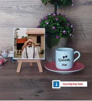 Groom Fotoğraflı Dekoratif Taş, Ahşap Altlıklı Türk Kahvesi Fincanı Hediye (Model 6)