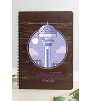 Ankara Ata Kule Şehir Tasarım Ahşap Kapaklı Defter Kraft Kağıt Özel Tasarım (Gri - Siyah - Beyaz)