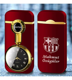 Kişiye Özel İsim Metal Rüzgar Geçirmez Saatli Gazlı Çakmak Takım Baskılı (Bordo)