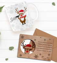 BK Gift Kişiye Özel Mutlu Yıllar Kupa Bardak ve Retro Ahşap Yılbaşı Tebrik Kartı Hediye Seti-5 (Beyaz)