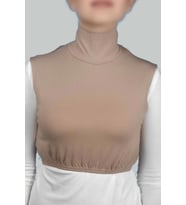 Sıfır Kol Balıkçı Yaka Tam Boğazlı Likralı Penye Kadın Yarım Body (Koyu Bej)