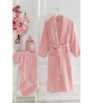 Şalyaka Kadın Erkek Pamuklu Havlulu Banyo Bornoz Takımı (Pembe)