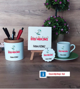 Diş Hekimi Hediye Seti Dekoratif Taş, Kalemlik, Ahşap Altlıklı Türk Kahvesi Fincanı, Ahşap Anahtarlık Hediye (Model 9)