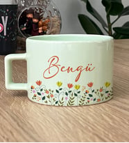 Kişiye Özel Çiçek Desenli Hediye Pastel Fincan Doğum Günü Hediyesi -10- (Yeşil)