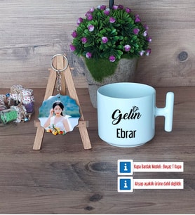 Gelin Kupa Bardak Beyaz ve Fotoğraflı Ahşap Anahtarlık Hediye (Model 12)