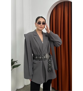 Kadın Oversize Blazer Ceket Kuşaklı Omuz Detaylı (Gri)