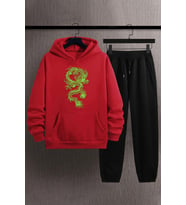 Unisex Chinese Dragon Baskılı Eşofman Takımı (A.Kırmızı)
