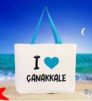 BK Gift I Love Çanakkale Renkli Kulp Kanvas Plaj Çantası 48x40m, Baskılı Omuz Çantası, Alışveriş Çantası (Turkuaz)