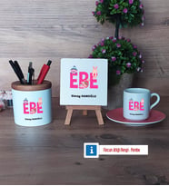 Ebe Hediye Seti Dekoratif Taş, Kalemlik, Ahşap Altlıklı Türk Kahvesi Fincanı Hediye (Model 6)
