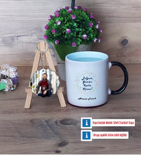 Doğum Günü Hediyesi Kupa Bardak Beyaz ve Fotoğraflı Ahşap Anahtarlık Hediye (Model 9)