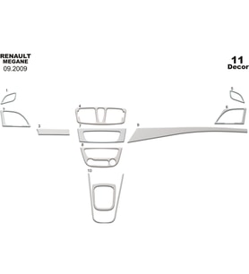 Meriç® Renault Megane 3 Ön Torpido Kaplama Maun 11 Parça 2009-2016 (Alüminyum)