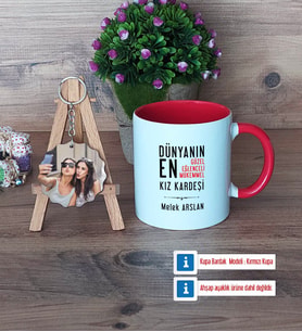 Kız Kardeş Kupa Bardak Beyaz ve Fotoğraflı Ahşap Anahtarlık Hediye (Model 2)
