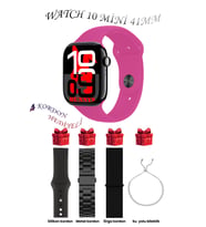 Samsung Galaxy M42 Uyumlu Açık Mavi Akıllı Saat Watch 10 Mini Kordon Hediyeli AMOLED EKRAN 41MM (Siyah-Pembe)