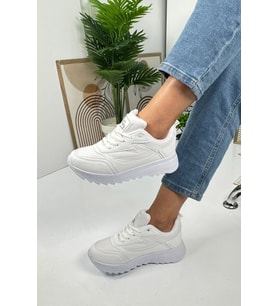 Günlük Kadın Sneaker Bağcıklı Tırtıklı Kalın Tabanlı Yürüyüş Spor Ayakkabı 4077 (Beyaz)
